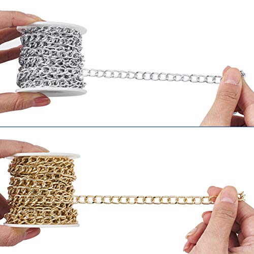 32.8 Feet Aluminum Curb Chains Gold Silver Twisted Links Cross Cable Chains with Spool Craftdady for Bracelet Necklace Earring Jewelry Making-2 Rolls, 10x6.5mm - color: Gold, Silver, 10x6.5mm