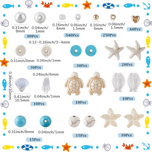 SUNNYCLUE 1 Box 1080Pcs Ocean Bead Kit Startish Sea Turtle Gemstone Beads White Hawaii Ocean Sumer Beads Scallop Fish Bead Glass Pearl Beads for Jewelry Making DIY Earrings Bracelet Necklace Crafts - style: Style 1