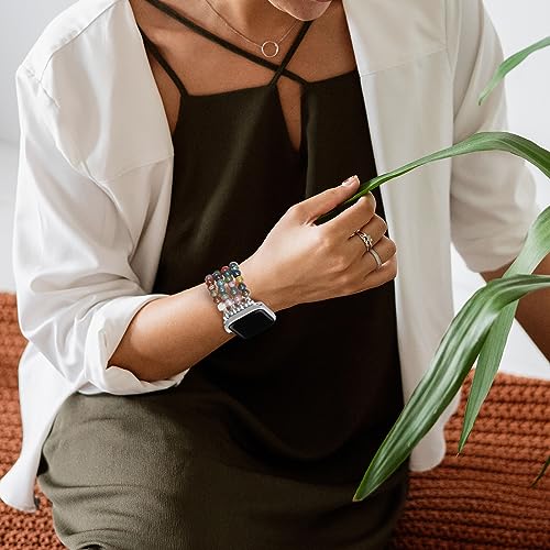 Newlibery Natural Stone Bracelet Beaded-Band Women Compatible with Apple Watch 42mm(S3/2/1) 44/45/46/49mm Feminine Handmade Stretch Strap for iWatch Series 11/10/9/8/7/6/5/4/3/2/1 SE 3/2/1 Ultra1/2/3 - color: A1 Indian Agate, size: 46(S10/11)/49/45/44/42m