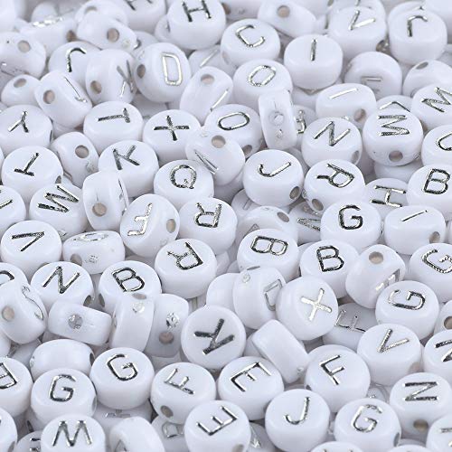 Song Xi 1200pcs Silver & White Round Acrylic Letter Beads - 4x7mm, Perfect for Jewelry Making, Crafts, Christmas DIY Gifts - color: 1200pcs white silver letter