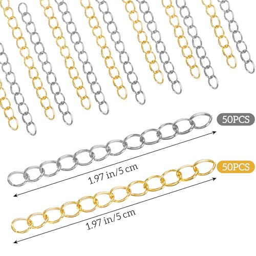 100 PCS Chain Extender for Jewelry Making Bracelet Extender Silver and Gold Tail Extension Chain Removable Necklace Extension Chains for Jewelry Making, Anklets - color: Gold, Silver