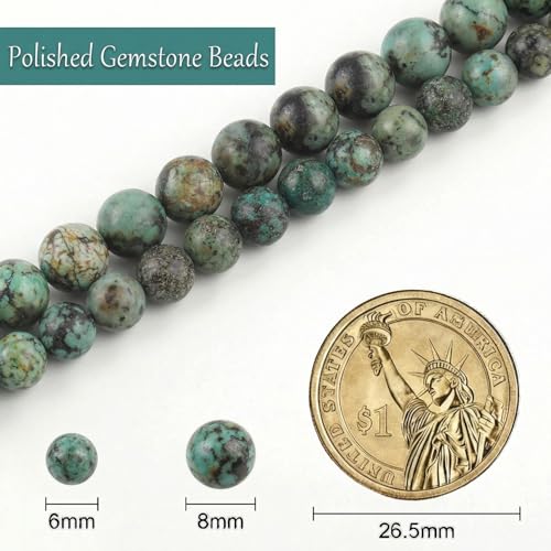 Stone Beads, 60pcs African Turquoise, 6mm Round Loose Beads for Jewelry Making, Bracelets, with Gift Bag, Elastic String & Size Card - color: African Turquoise, size: 6mm