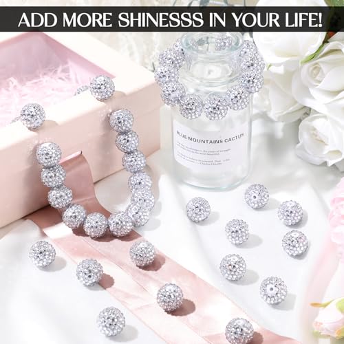 40 Pcs 20 mm Rhinestone Beads Bulk Crystal Round Disco Ball Chunky Bubblegum Beads for Pens Bracelets Charms Craft European Style Jewelry Making Supplies Christmas(White and Silver) - color: White and Silver