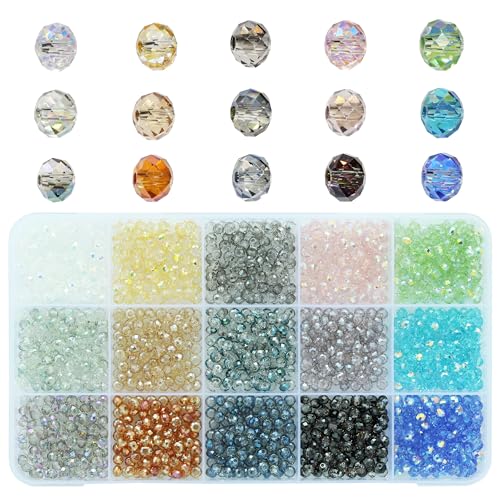 Bala&Fillic 4mm Crystal Rainbow Colors Glass Briolette Faceted Rondelle Beads for Making Jewelry Bracelet Necklace Earring, Assorted 15 Colors in Box (Total 1500pcs) - size: 4mm