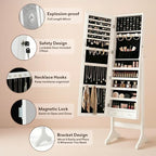 Antok Full Length Jewelry Cabinet with Mirror & Large Storage - 61" Standing Lockable Armoire Organizer, Floor to Ceiling Model for Bedroom or Dressing Room, White