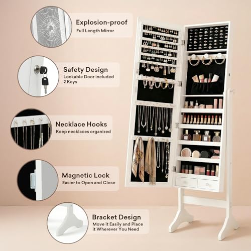 Antok Full Length Jewelry Cabinet with Mirror & Large Storage - 61" Standing Lockable Armoire Organizer, Floor to Ceiling Model for Bedroom or Dressing Room, White
