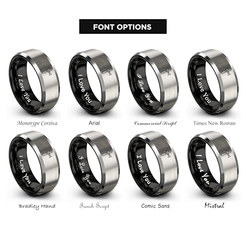 Chain Tool Ring - Gift for Cyclist - 8mm - Band - Gunmetal Black Silver - Personalized Custom Engraving - Men Women - Anniversary Engagement Wedding - Tungsten Carbide - Flat Dome Bevel - color: 12 - Black Grey Tungsten