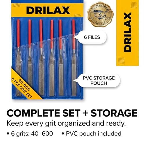 Drilax 6-Pc Diamond File Set, Flat Hand Files (40–600 Grit) Heavy-Duty Diamond Sharpening & Finishing Tools for Glass, Jewelry, Stone, Metal Precision Craft Files for DIY, Workshop & Professional Use