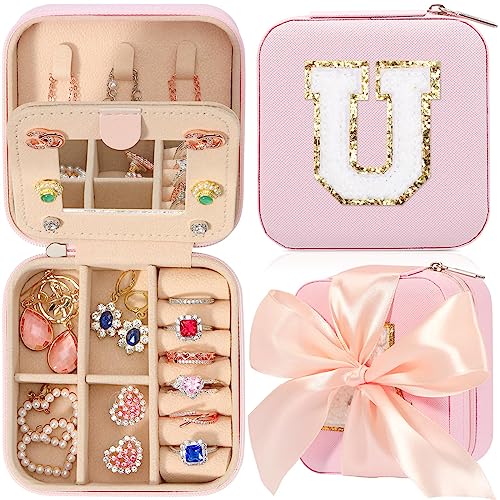 CHMI Travel Jewelry Case, Pink Travel Jewelry Box, Travel Jewelry Organizer, Travel Gifts for Women Girls, Jewelry Organizer Box, Birthday Gifts for Women, Christmas Gifts for Teens Girls - Initial U - color: Pink, size: U