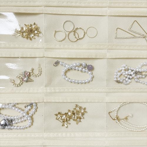 1 Pack Hanging Jewelry Organizer 80-Pocket Dual-sided Jewelry Storage for Earring Necklace Bracelet Ring Travel Holder, Beige - color: Beige