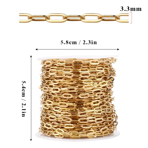 33FT 18K Gold PVD Plated Paperclip Chains Roll, 3.3mm Gold Stainless Steel Oval Link Chains Spool Bulk for DIY Jewelry Making Necklace Bracelet - color: 18k gold(3.3mm)