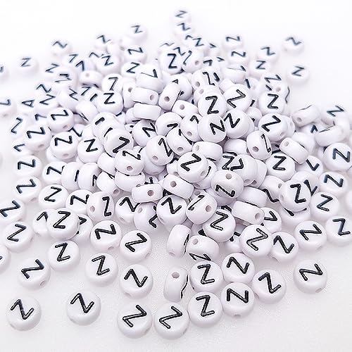 200+ Pieces 4x7mm Single Z Letter Beads for Jewelry Making, White Round Acrylic Bulk Alphabet (Black on White) - size: Single letter Z 200+ Pcs