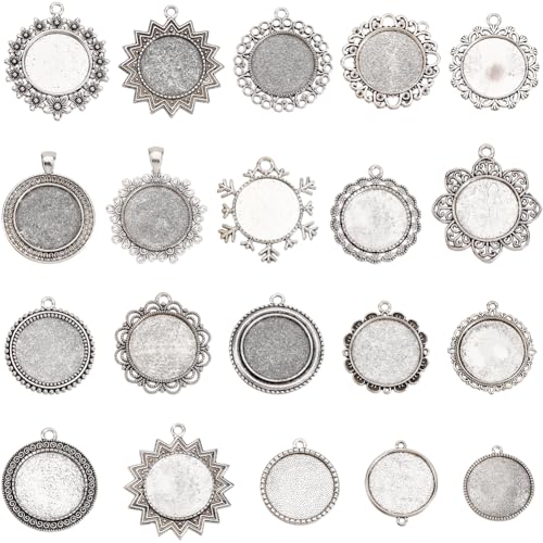 SUNNYCLUE 1 Box 20Pcs 25mm Blank Bezel Pendant Trays Round Bezel Pendant Trays Antique Silver Metal Flower Base Cabochons Settings Charms for Jewelry Making Photo Findings Necklace DIY Craftings - style: Style 2