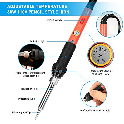 Soldering Iron Kit, 60W Upgraded Soldering Kits Adjustable Temperature Welding Tool Solder Irons Pen with On/Off Switch Use for Electrical Repairs - color: 19-in-1