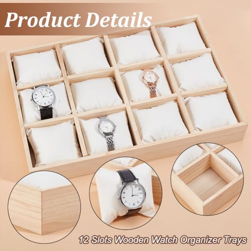 PH PandaHall 12 Slot Wooden Watch Organizer Tray Display Holder with Removable PU Leather Pillows, Stackable Jewelry Bracelet Storage Tray for Drawer Watch Display Showcase, White - color: White