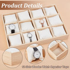 PH PandaHall 12 Slot Wooden Watch Organizer Tray Display Holder with Removable PU Leather Pillows, Stackable Jewelry Bracelet Storage Tray for Drawer Watch Display Showcase, White - color: White