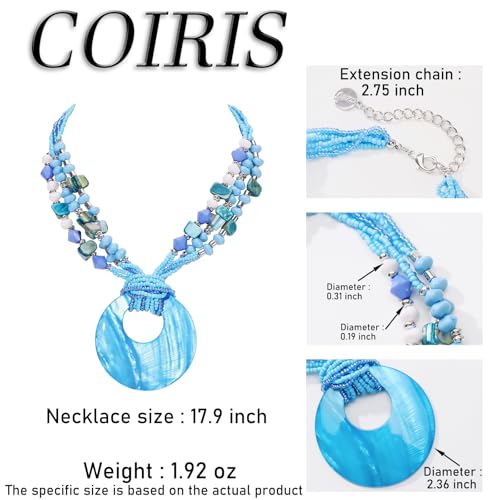 Coiris Shell Pendant Statement Strand Necklace for Women Boho Multi Beads Natural Stone Colorful Necklace Bohemian Handmade Chunky Shell Beaded Collar Jewelry for Women - color: Blue