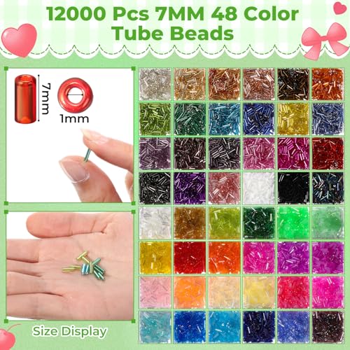 Tondiamo 32000 Pcs 2mm Glass Seed Beads and 12000 Pcs 7mm Tube Beads Set, Small Craft for DIY Bracelet Necklaces Crafting Jewelry Making Supplies with Beading Needles Elastic Strings, 48 Colors