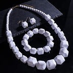 Halawly White Beads Necklace, Acrylic Costume Jewelry for Women Chunky Statement Strand Necklaces with Bracelet Dangle Earrings, Big African Beaded Necklace - color: White Set Long