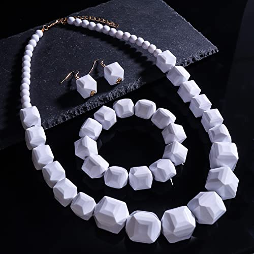 Halawly White Beads Necklace, Acrylic Costume Jewelry for Women Chunky Statement Strand Necklaces with Bracelet Dangle Earrings, Big African Beaded Necklace - color: White Set Long