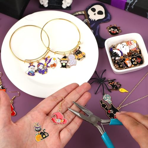 MARFOREVER 120 PCS Halloween Charms for Jewelry Making, Assorted Halloween Ghost Skeleton Bat Witch Pumpkin Skull Enamel Charm Pendants for Bracelet Necklace Earrings Making DIY Crafts Gifts - style: Halloween