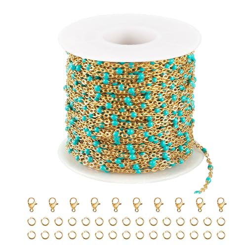 UMAOKANG 33ft/10m Turquoise Enamel Bead Chains for Jewelry Making Gold Plated Stainless Steel Jewelry Chain Roll - color: Gold-Turquoise Enamel