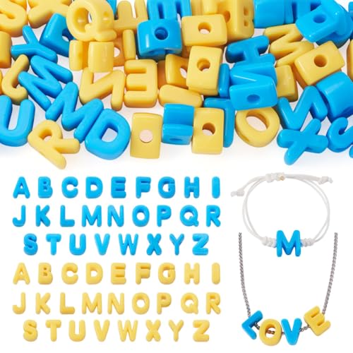 52Pcs Acrylic Letter Beads Large Hole European Bead 26 Letters Alphabet for Necklace Bracelet Keychains Ornaments DIY Jewelry Crafts Making Accessories Blue & Yellow - color: Blue & Yellow, size: 26 Letters