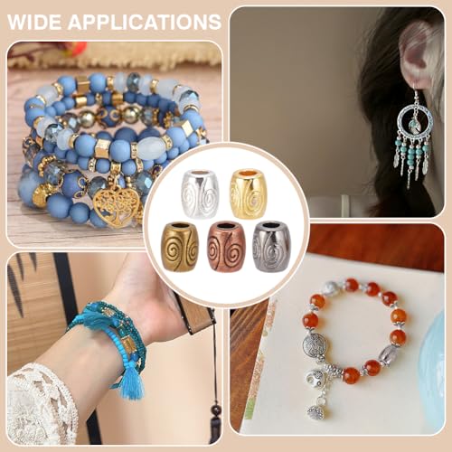CRAFTYMELODY 100Pcs 5 Colors Tibetan Style Metal Beads 7mm Long Large Hole Barrel Spacer Beads Loose Connector Charm Beads for DIY Bracelet Necklace Earrings Jewelry Making Supplies