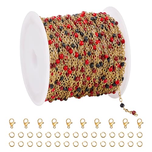 UMAOKANG 33 Feet Stainless Steel Jewelry Making Chain Black Red Enamel Beaded Cable Chains Bulk on Spool - color: Blak Red-Gold
