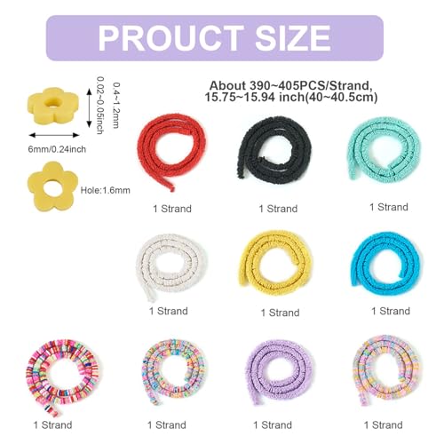 Elecrelive 10 Strands Flower Heishi Beads Kit 6mm Flat Polymer Clay Spacer Beads Colorful Loose Polymer Clay Chips for Bracelet Chocker Necklace Earring DIY Crafts - color: 10 Colors, Flower