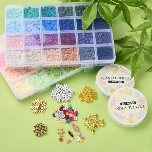 Echoed Elegance Clay Beads 2 Boxes Bracelet Making Kit, 7448 pcs Beads for Jewelry Making, Round Letter Beads with Charm and Elastic Strings, Friendship Bracelets Holiday Gifts for Girls Adults - color: Clay Beads Kit (2 Boxes with Accessories)-about 7448