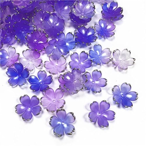 50Pcs Cherry Blossom Acrylic Flower Beads, Mini Floral Spacer Beads for Jewelry Making 5-Petal Gradient Flower Bead Gold-Plated Flowers Bead Charms for Bracelets (Blue-Violet Gradient) - color: Blue-Violet Gradient