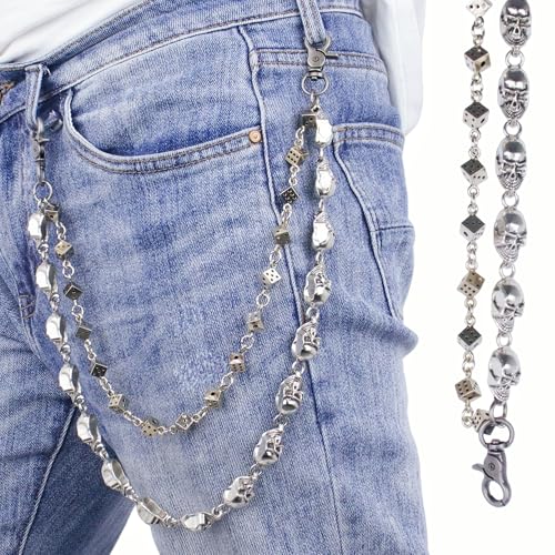 Layered Punk Pants Chain for Men Women, Gothic Hip Hop Jean Chain Wallet Chain Biker Trouser Chain, Goth Emo Fashion Keychain Accessories - color: 2L-Skulls Chain