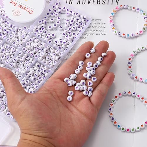 Acrylic Letter Beads 4mm Flat Round, 6mm Square - Beads for Making Friendship Bracelet or Necklace (26 Pieces of Flat Round White with Purple) - color: 26 pieces of flat round white with purple