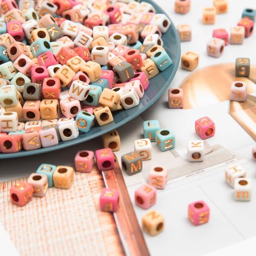 900pcs Square Colorful and Gold Letter Beads Acrylic 6x6mm Cube Beads for Bracelets Necklaces and Jewelry Making Alphabet Bead - color: Colorful-Gold