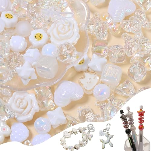 45-60PCS Large Acrylic White Beige Glitter Assorted Beads for Bracelet Making UV Plating Focal Beads for Pens Round Flower Bow Bear Heart Butterfly Star Cute Bead for DIY Jewelry Keychain Phone Charms - color: White