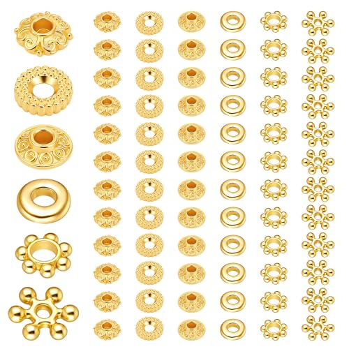 300 Pcs Gold Spacer Beads for Jewelry Making, 6 Styles Zinc Alloy Gold Beads for Bracelets Include Flower Snowflake Donut Bicone Decorative Gold Bracelet Bead for Craft DIY Necklace Earring Supplies