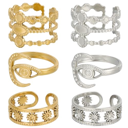 SUNNYCLUE 1 Box 12Pcs 6 Style Stainless Steel Ring Bezels Finger Ring Blank Base Gold Silver Metal Adjustable Flower Eye Open Rings Tray Component with Round Pad for Jewelry Making Rings DIY Crafts - style: Ring 2