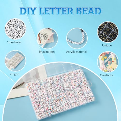 1400pcs Letter Beads, 4x7 mm Acrylic Alphabet Beads, Beads for Jewelry and Bracelet Making, in 28 Grid Box (White and Black) - color: White Beads Black Letter