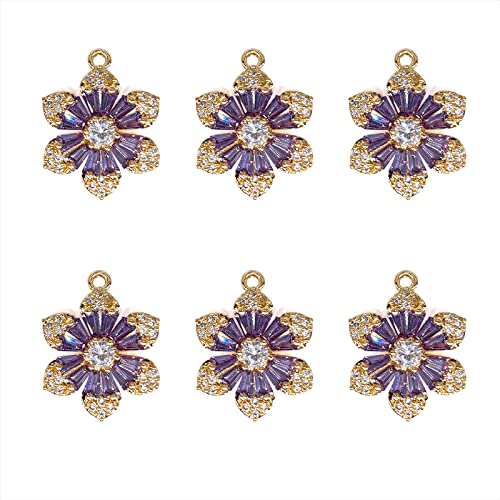 Crystal Zirconia Gold Plated Brass Charms for Jewelry Making Bracelet Necklace Earring Pendant Craft Supplies DIY Accessories - color: FlowerB-Purple-6Pcs