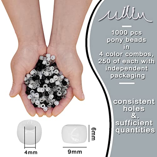 MIIIM 1000PCS 6x9mm Pony Beads Bulk, Black and White Kandi Beads for Bracelets Making Kit, Hair Braids Crafts for Jewelry Making (Neutral) - color: Neutral