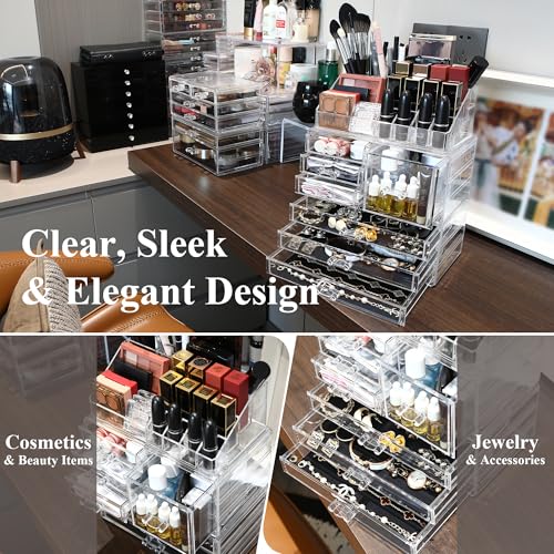 Sea Team 3-Layer Stackable Clear Makeup Organizer with Drawers, Acrylic Plastic Cosmetic Display Case, Jewelry Storage Box for Dresser, Bathroom, Vanity, Countertop (7 Drawers, 1 Lipstick Holder) - size: 7 Drawers, 1 Lipstick Holder