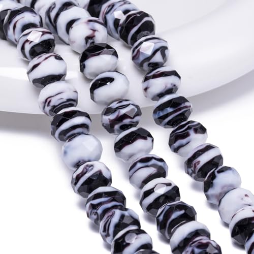 7.5×10mm 50pcs Black White Faceted Lampwork Glass Beads for Jewelry Making, Flat Round Handmade Murano Beads for Bracelets, Crafts, Friendship Bracelet Kit, Rosary Making - color: Black White