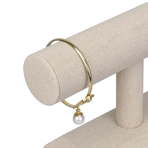 MOOCA 2 Pcs Set Linen Covered Wood Bracelet Holder Stand Jewelry Display Stand Watch Bangle Organizer Display, Nature Linen Color - color: Tan Linen, 2 pieces