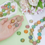 1 Box About 40Pcs Glass Flat Round Beads Metal Enlaced Flower Pink Green Transparent Bohemian Charm Golden Sunflower Paint Vintage Bead for Jewelry Making Bracelet Keychain Diy Craft Supply