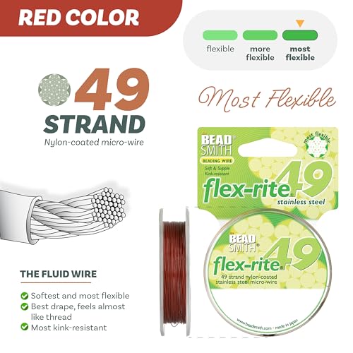 The Beadsmith Flex-Rite Beading Wire - 49-Strand Nylon-Coated Stainless-Steel Wire, 0.014" (0.35 mm) Dia, Red, 30 ft Spool, Durable Necklace & Bracelet String, for Jewelry Making Supplies - color: Red, size: .014” Dia - 30 ft