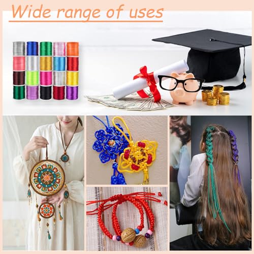 20 Rolls 656 Yards 1mm Rattail Satin Nylon Trim Cord Silk Cord Beading String for Kumihimo, Braided Bracelets, Pendants Necklace, Macrame Craft, Keychains Lanyards, Jewelry Making