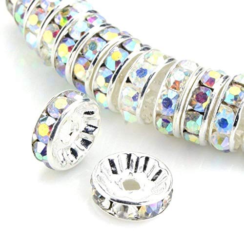 Allb 100Pcs Rondelle Spacer Beads 4mm Silver Plated Czech Crystal Rhinestone for Jewelry Making Loose Beads for Bracelets - color: multicolored, size: 4mm