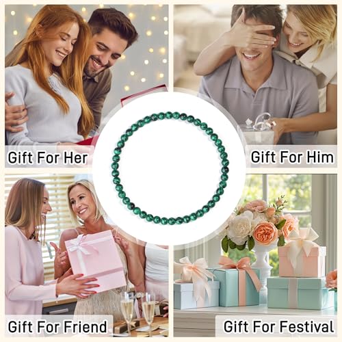 MAIBAOTA Healing Crystal Bracelet for Women Men, 8/4 mm Natural Stone Beaded Bracelets, Jewelry Birthday Gifts, Round Gemstones Stretch Bracelets - color: Green-Malachite, size: 4 mm
