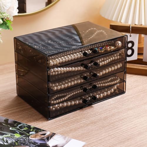 CLUQMEIK Necklace Organizer Box with 5 Trays, Dustproof Storage Holder Display Case, Tray Drawer for Pendant Chains, Suitable for Women and Girls (Black) - color: Black-5layer